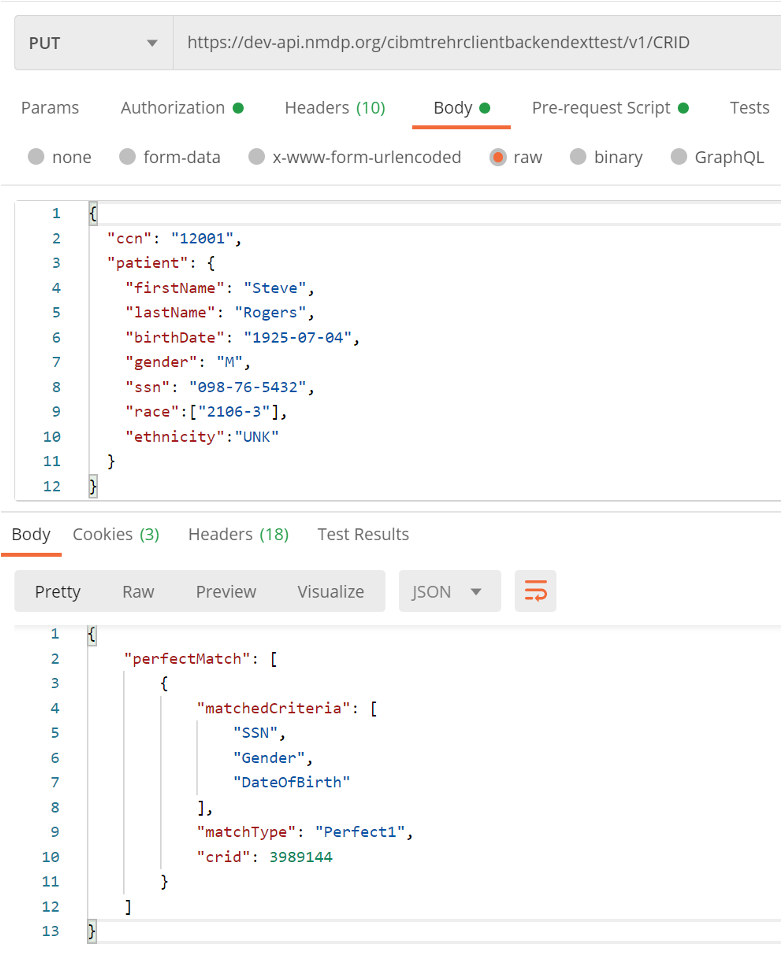 Example CRID registration PUT request with JSON body and response payloads