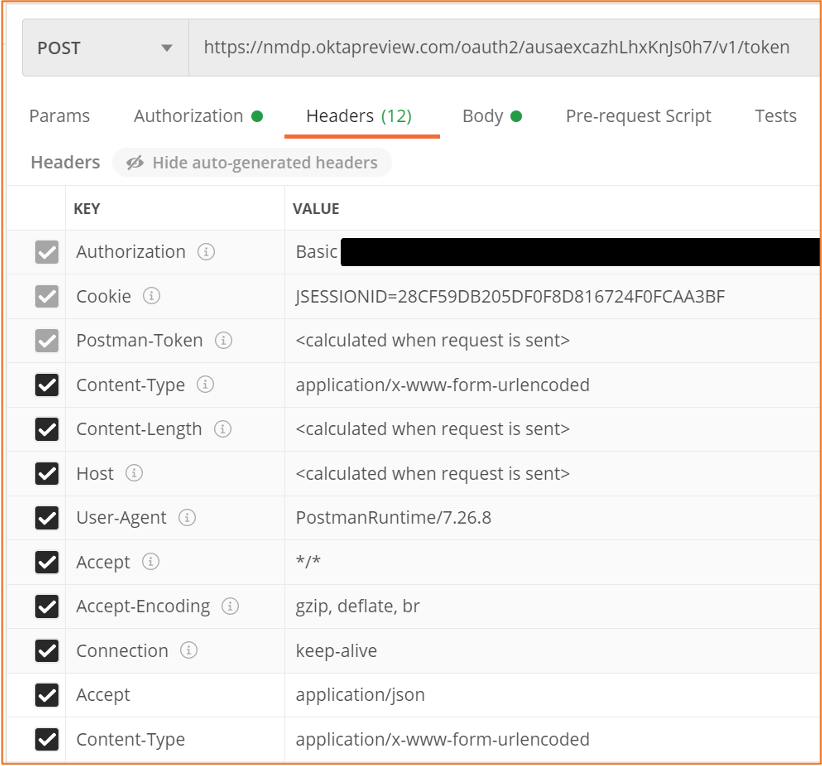 example of the header parameters for the POST request to the authorization server